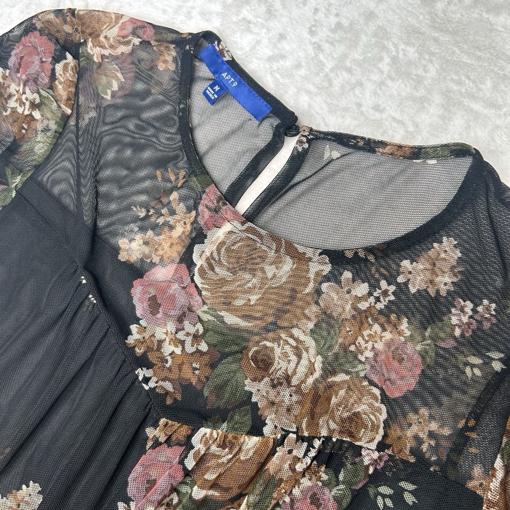 Apt 9 Dress M Black Floral Sheer Short‎ Lined Sleeve Shift Dress Scoopneck